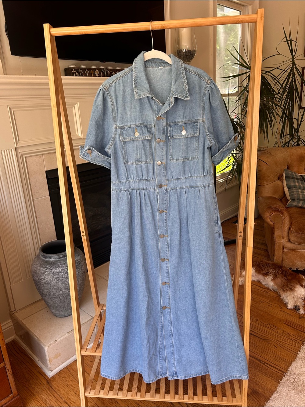 Light Wash Denim Button-Front Shirt Dress